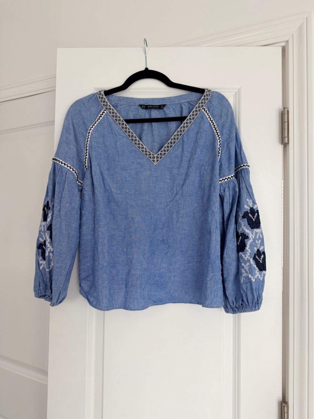 Zara Light Blue Embroidered V-Neck Balloon Sleeve Blouse